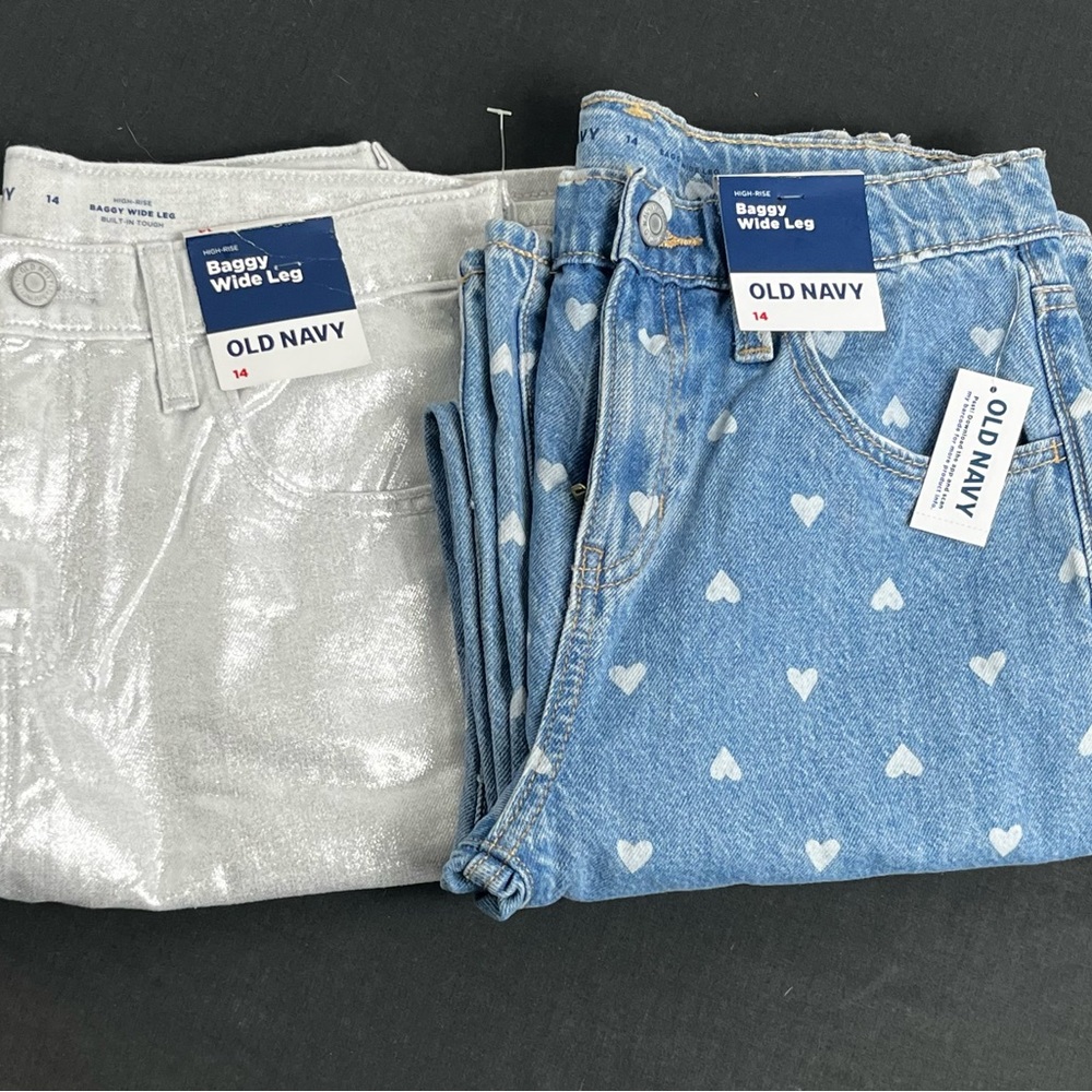 NWT 2 pairs Old Navy Baggy Wide Leg Jeans size 14 big girls Silver and Blue